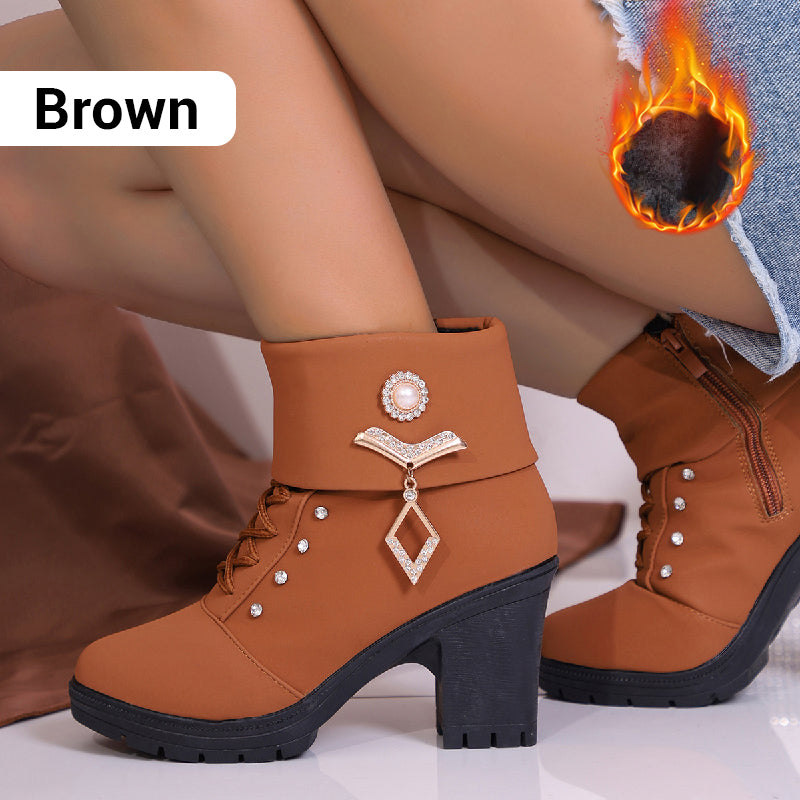 Damen Stiefeletten mit dickem Absatz und Strass-Dekor